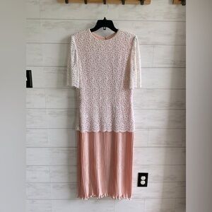 VINTAGE George F. Couture NewYork White Lace Beaded & Pleated Bottom Dress Sz 12